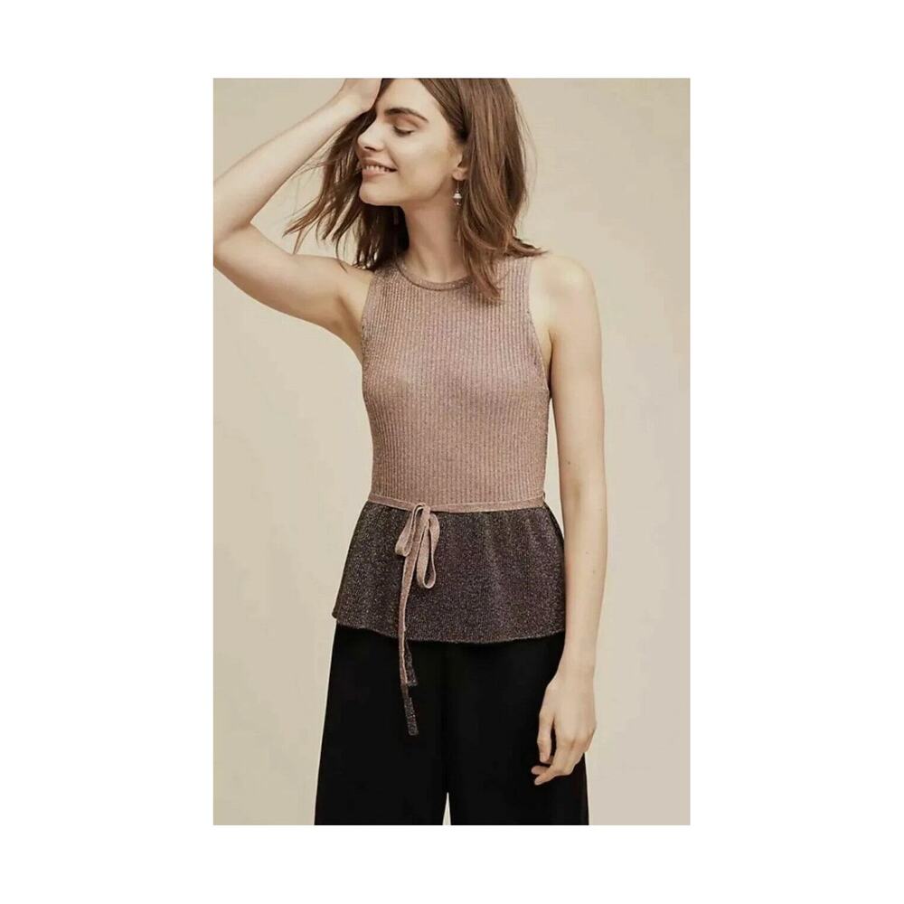 Anthropologie Moth Riella Metallic Knit Top S Brown Bronze Sleeveless Peplum Tie